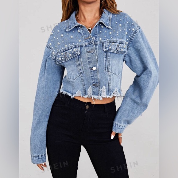 Pearls Beaded denim jacket Raw Hem Crop Jean distressed womens S teen juniors XS - Picture 5 of 7